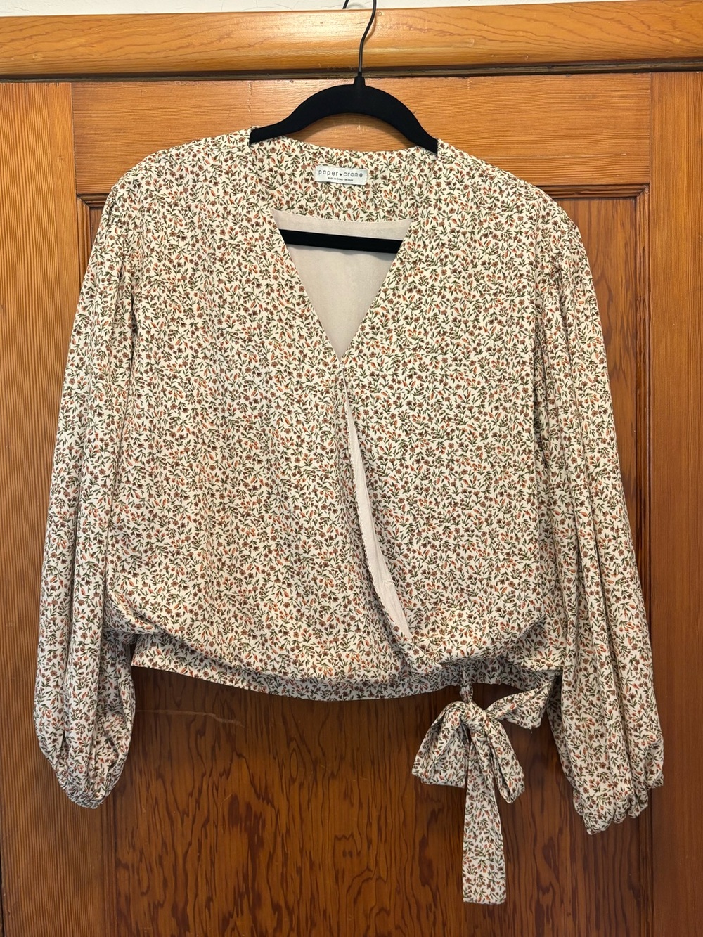 Paper Crane Floral Wrap Blouse in Cream with Rust & Green Accents